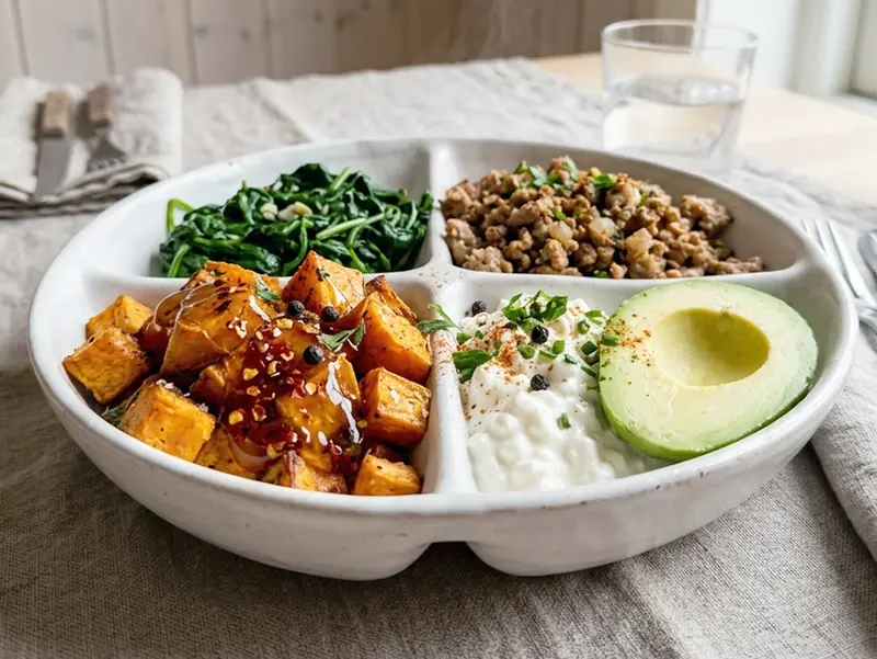 One-Skillet Sweet Potato Turkey Bowl with sweet potatoes, lean ground turkey and baby spinach — USA recipe