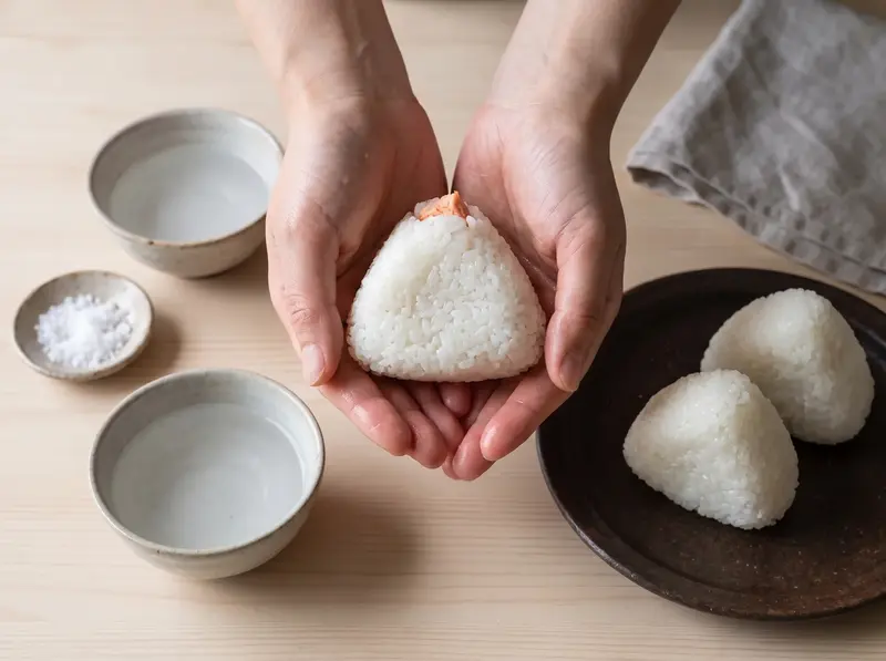 おにぎりを握る:塩鮭がのぞく三角のごはんを手に持ち、そばに手水の器と塩