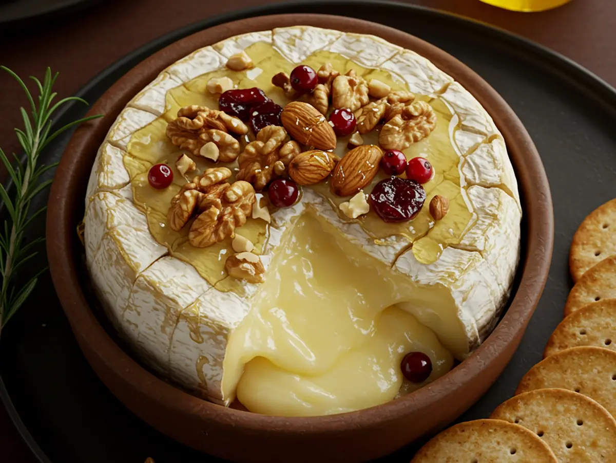 Oven-Baked Brie with Honeyed Nuts with cheese, dried fruit and honey — France recipe