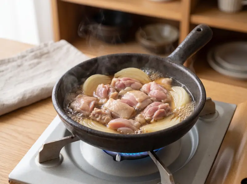 Oyakodon: bite-sized chicken thigh pieces and onion wedges simmering in dashi broth in a small pan on the gas stove