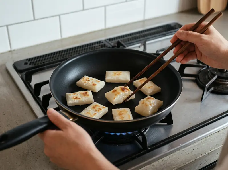お雑煮用に、切り餅の半分をガスコンロの油をひかないフライパンで焼く、ふくらんで焼き色がついたものもある