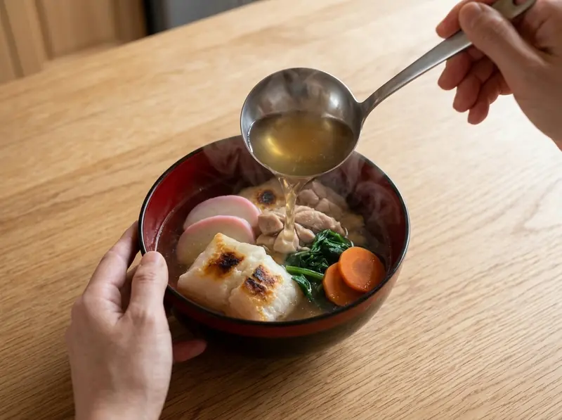 お雑煮用に、焼いた餅、鶏肉、かまぼこ、ほうれん草、にんじんが入った漆の椀へ、熱いだしをお玉で注ぐ