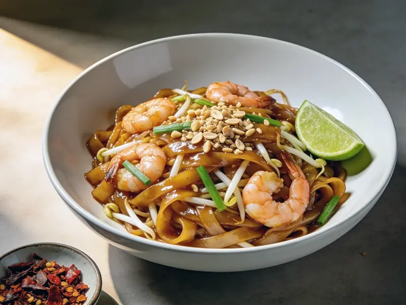 Pad Thai with rice noodles, eggs and bean sprouts — Thailand recipe