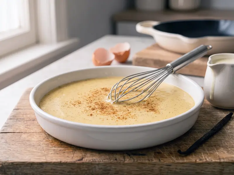 In una pirofila bianca si sbatte la crema per il pain perdu: uova, latte, panna, zucchero e vaniglia in bacca