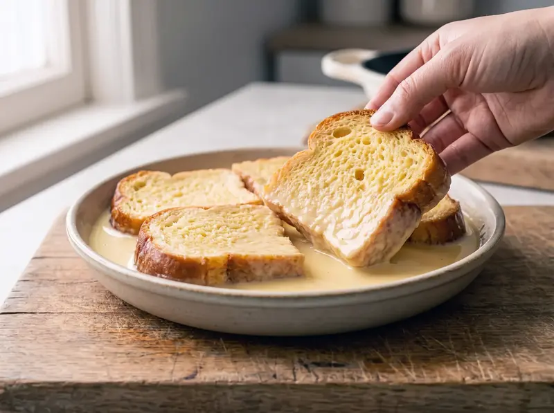 Fette di brioche in ammollo nella crema per il pain perdu; una mano ne solleva una e il composto cola giù