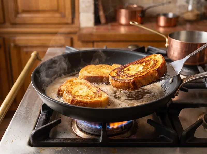Fette di pain perdu in cottura nel burro spumeggiante; la spatola ne solleva una con la crosta dorata