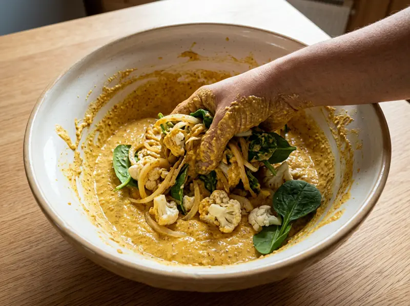 Pakora batter: a hand mixes onion, cauliflower and spinach into spiced chickpea batter in a bowl