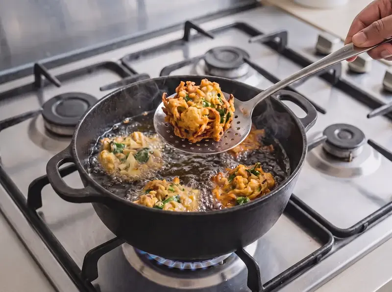 Pakora frying: craggy mounds of vegetable batter turning golden in hot oil, one lifted out on a slotted spoon
