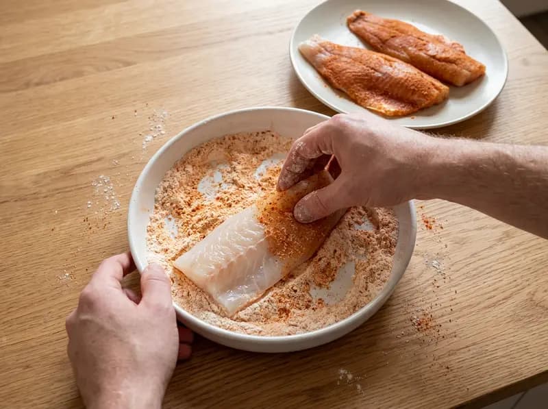 Filetti di pesce fritti in padella: una mano preme un filetto di pesce bianco nella farina alla paprika, due altri attendono