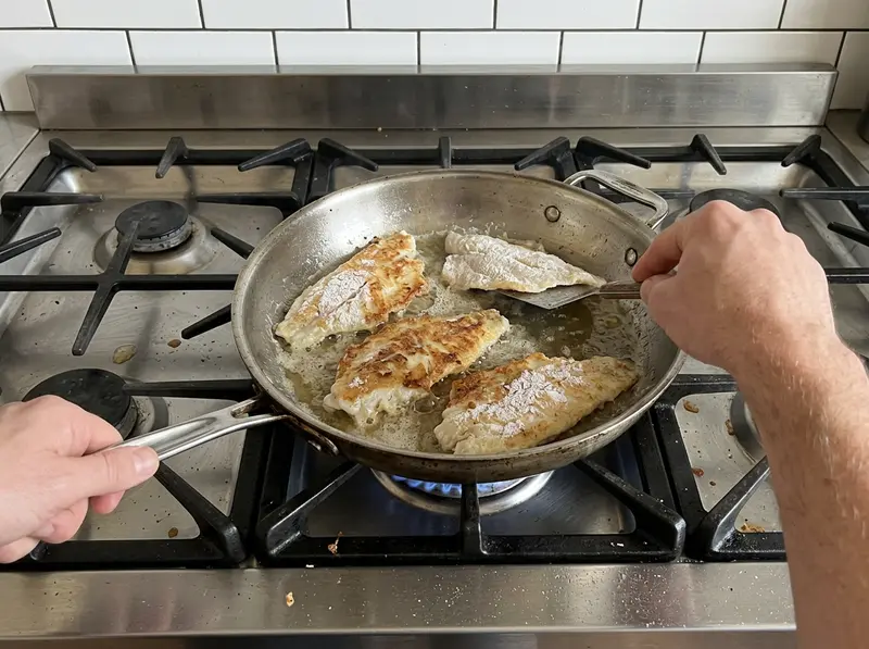 Filetti di pesce in padella: quattro filetti bianchi infarinati in padella d'acciaio, crosta dorata, una paletta ne gira uno