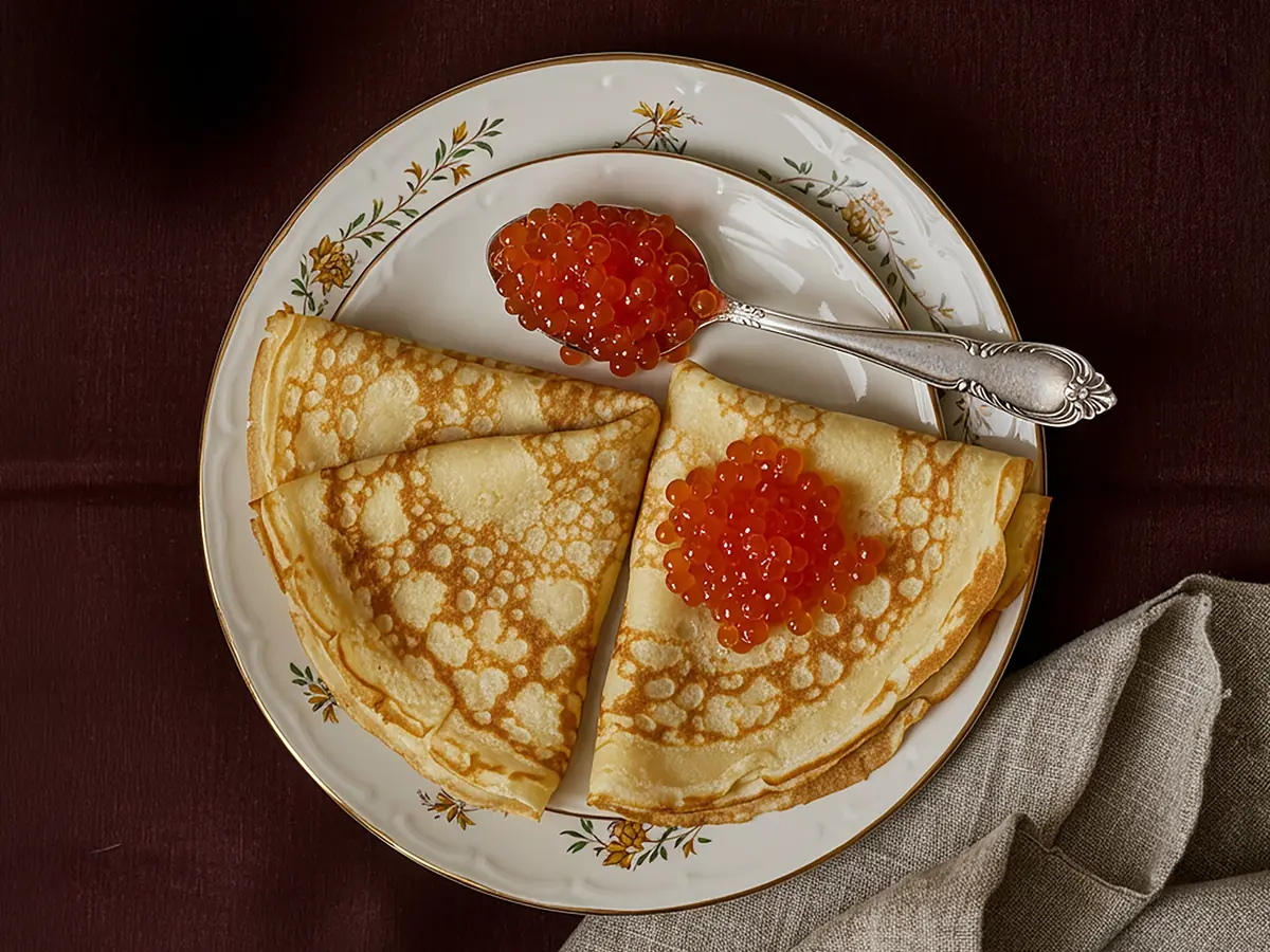 Pancakes with Caviar with butter, caviar and eggs — Russia recipe