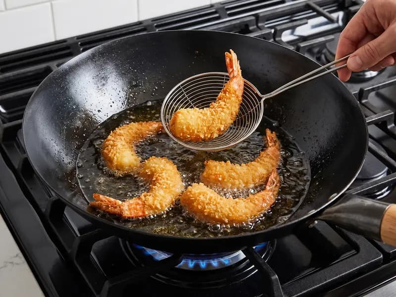 Golden panko shrimp frying in hot oil in a wok on a gas burner, one lifted out with a wire spider