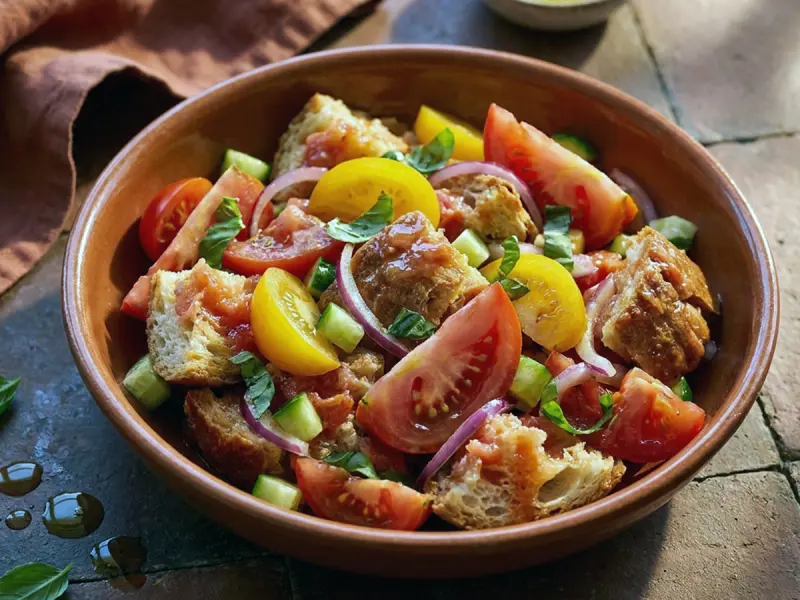 Panzanella 托斯卡纳面包番茄沙拉 —— 隔夜面包配熟番茄: 隔夜面包, 番茄, 红洋葱 — 意大利 · 食谱