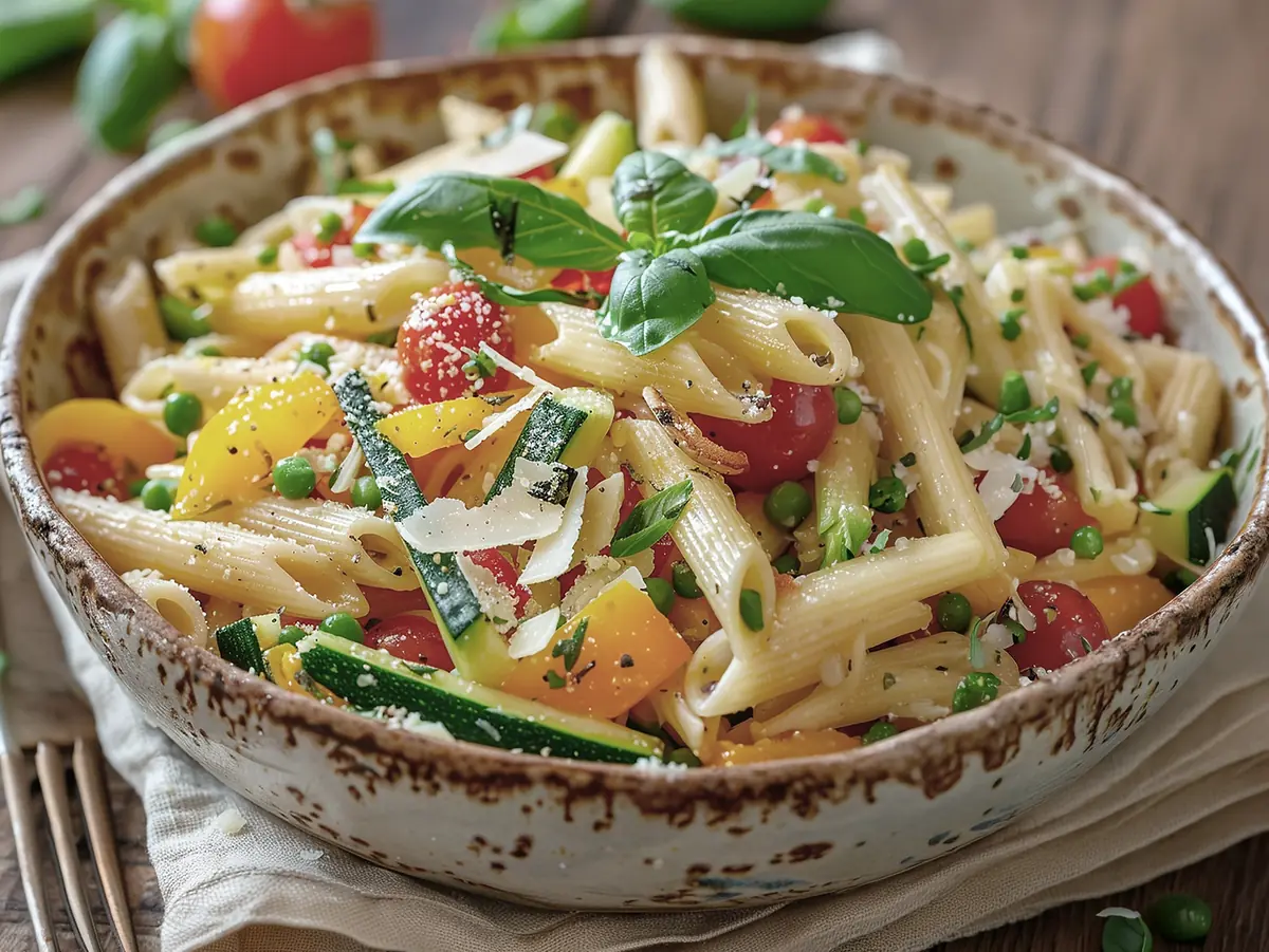 Pasta Primavera with penne, zucchini and tomato — Italy recipe