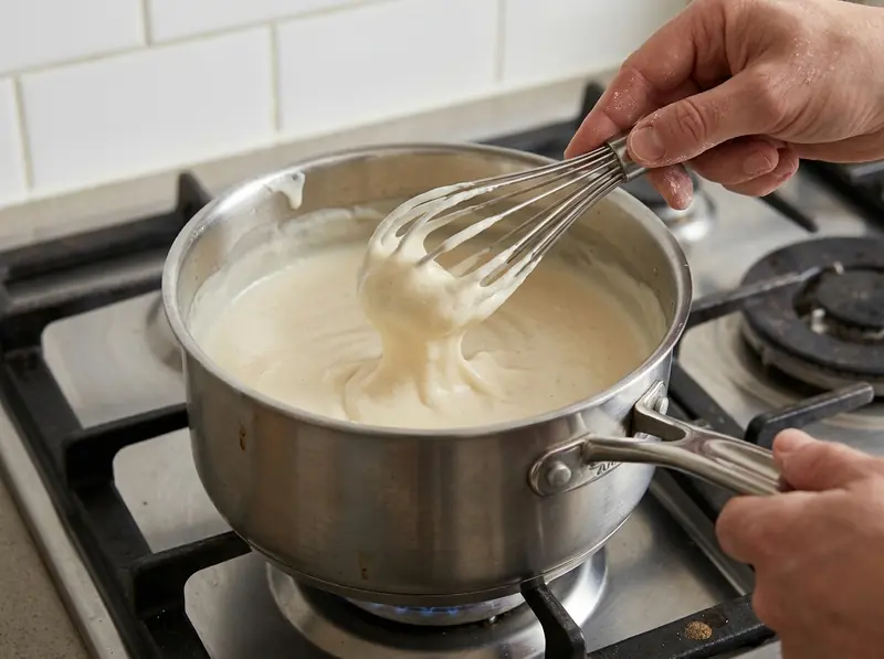 Besciamella densa per il pastitsio che aderisce a una frusta in un pentolino d'acciaio sul fornello a gas