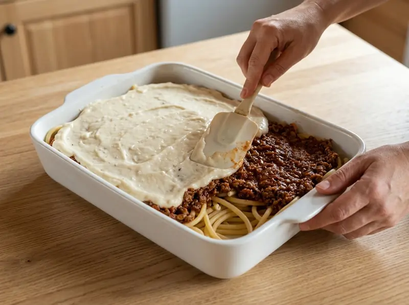 Besciamella stesa con una spatola sugli strati di ragù e pasta del pastitsio in una teglia bianca