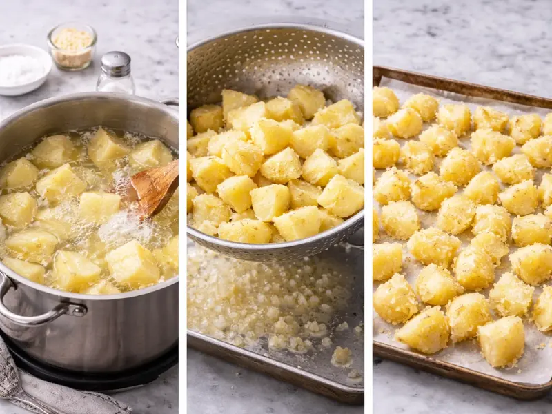 Potato chunks parboiled with bicarbonate and roughed up for patatas bravas