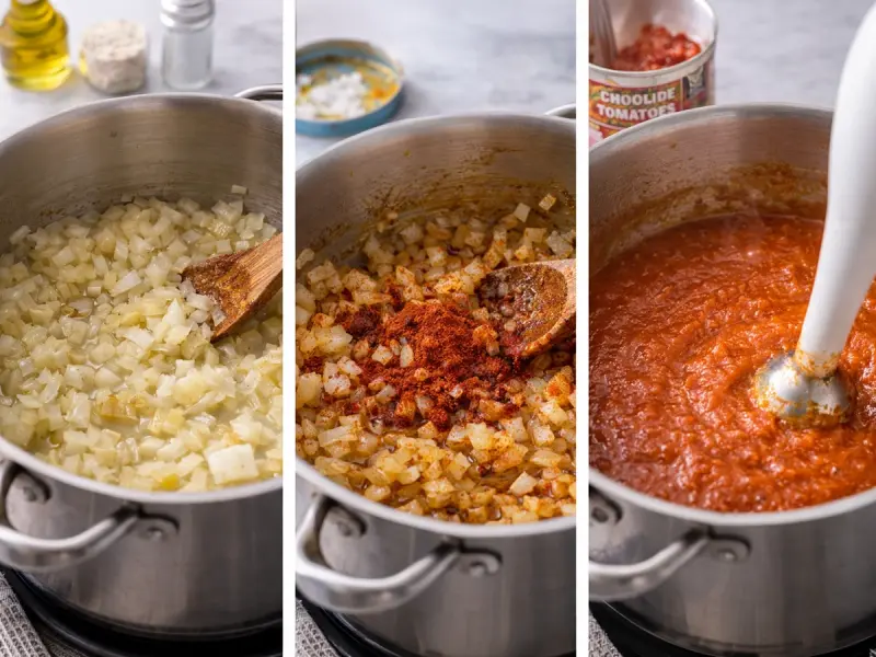 Smoky red salsa brava simmering in a saucepan with onion and paprika