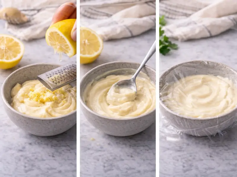 Garlic aioli stirred together in a small bowl for the patatas bravas