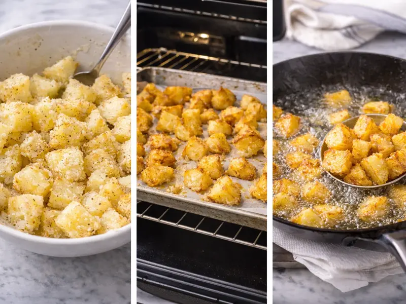 Potato chunks roasted crisp and golden in a single layer on the tray