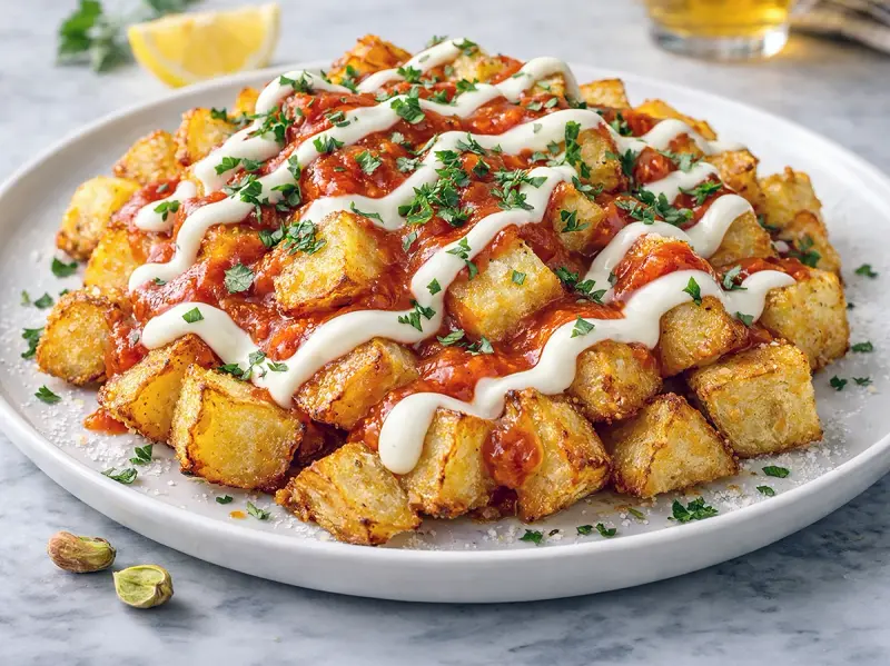 Patatas bravas topped with salsa brava, aioli zigzags and parsley
