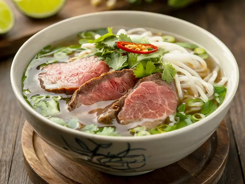 Pho Bo (Vietnamese Beef Noodle Soup) with beef, rice noodles and ginger — Vietnam recipe