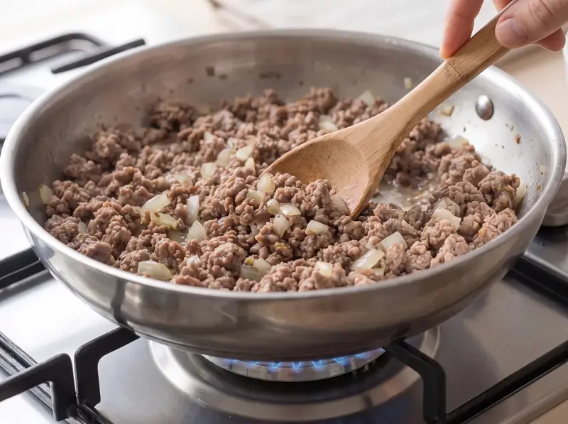 Meat and onion filling for piroshki braised until the liquid cooks away