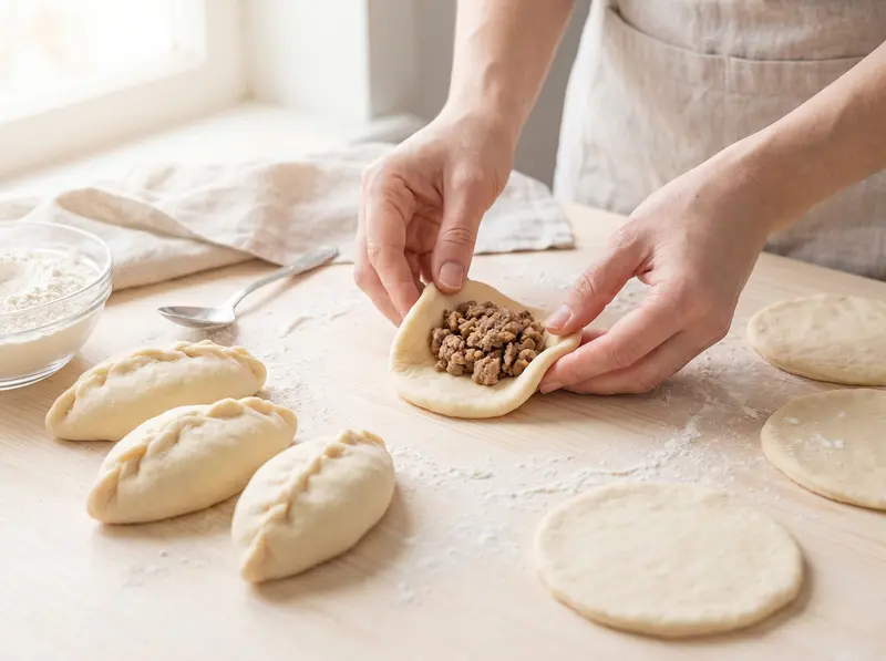 Piroshki dough rounds filled with mince and pinched shut along the seam