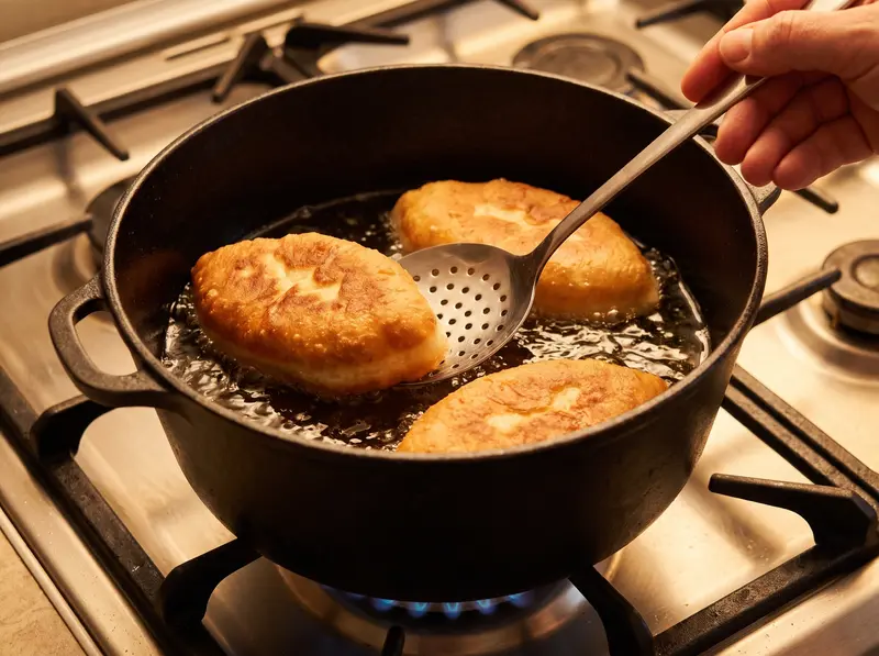 Piroshki frying in a deep layer of hot oil until golden on both sides