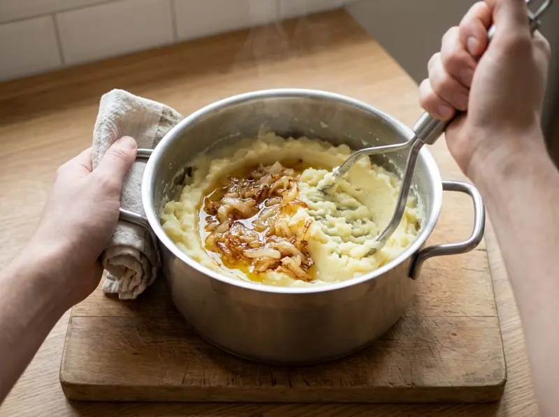 Fried onion with its oil tipped onto mashed potato in a saucepan for potato piroshki, not yet stirred