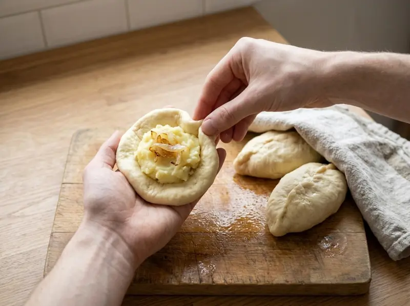Hands pinching shut a round of dough filled with mashed potato and fried onion for a potato pirozhok