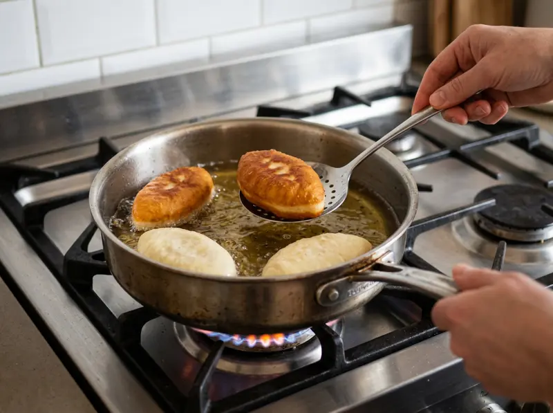 Four potato piroshki frying in a steel pan, two golden and two pale, one lifted with a slotted spoon