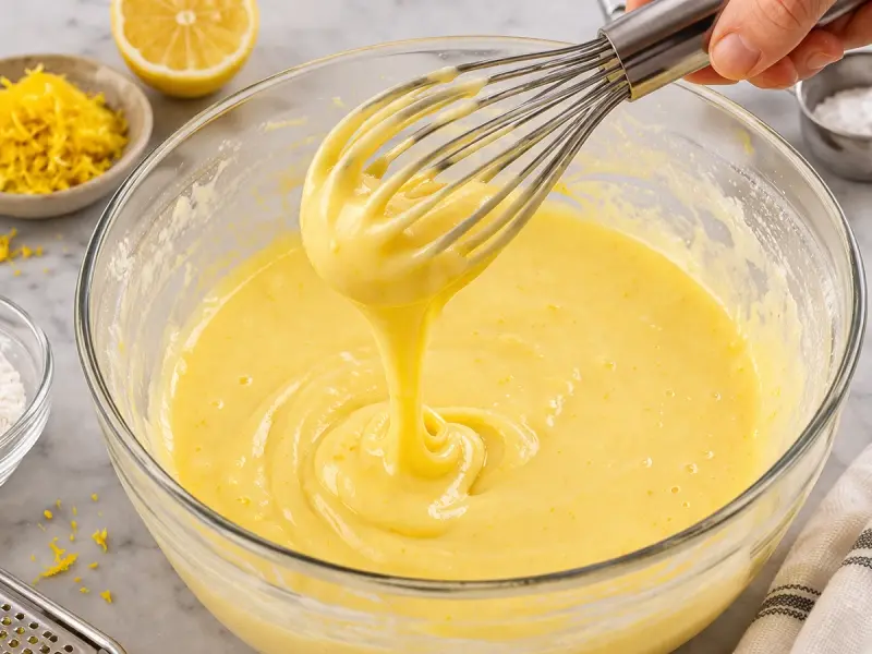 Appareil au citron fouetté pâle avec œufs, sucre, jus et zeste