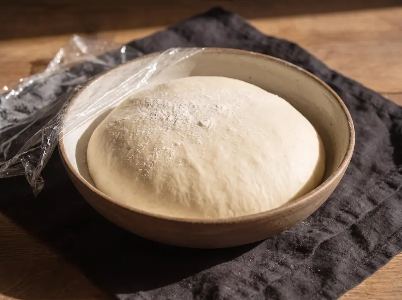 Pita-Teig ist auf das Doppelte gegangen, gewölbt und bemehlt in der Schüssel