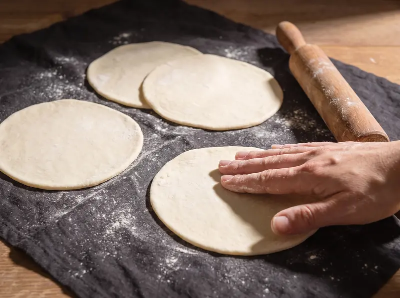 Pita-Teig zu dünnen, gleichmäßigen Scheiben auf bemehltem Tuch ausgerollt