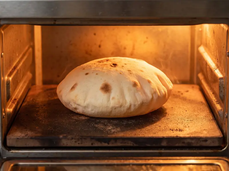 Die Pita bläht sich auf dem heißen Backstein im Ofen zur Kuppel auf