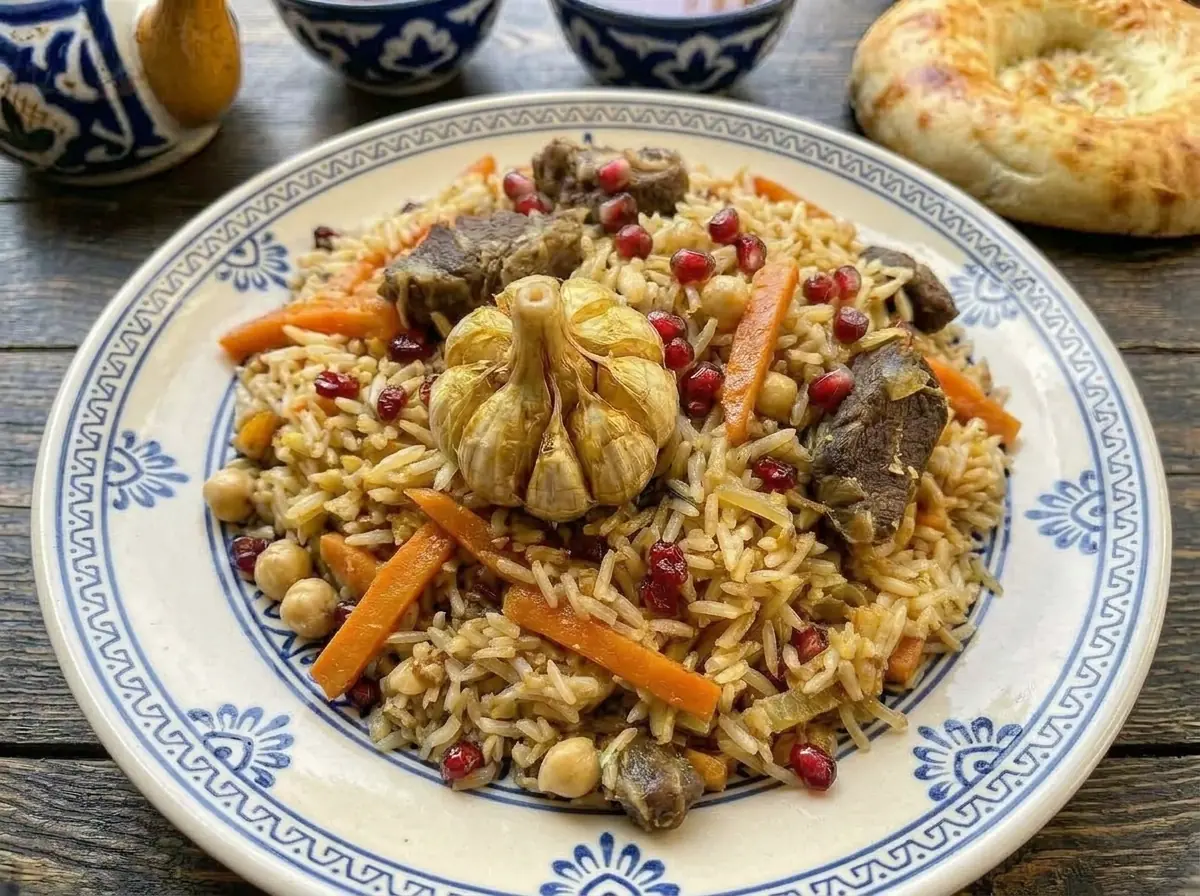 Plov (Uzbek Pilaf) with long grain rice devzira or basmati, lamb or beef and carrots — Uzbekistan recipe