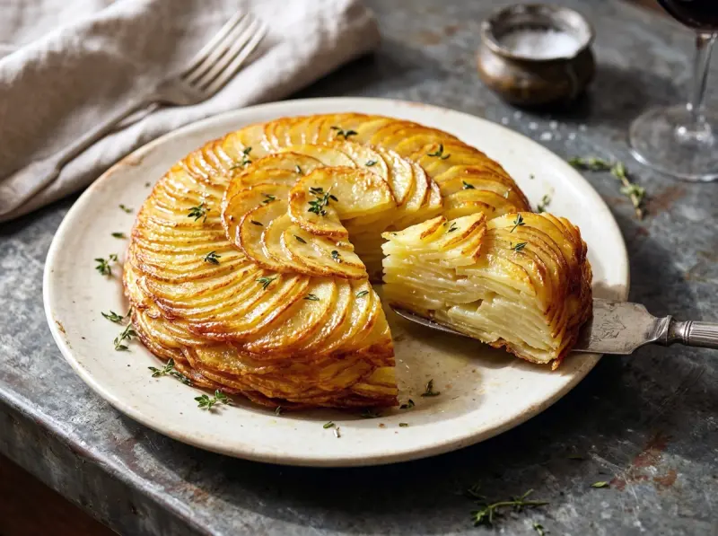 安娜土豆(Pommes Anna): 黄皮土豆,去皮切1厘米见方的小丁, 澄清黄油, 新鲜百里香 — 法国 · 食谱