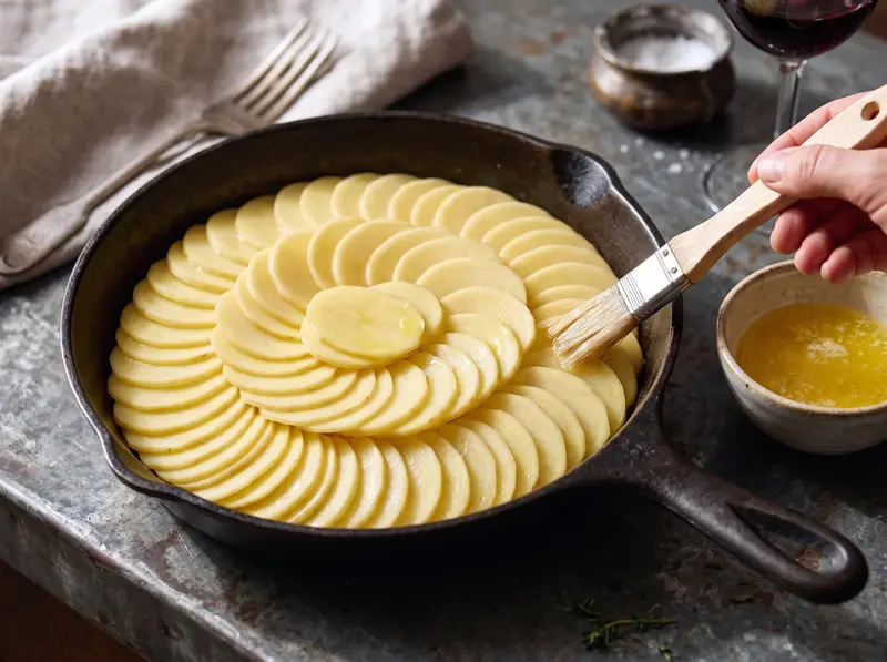 Pommes Anna: thin potato slices laid in overlapping circles in a cast-iron skillet, brushed with clarified butter