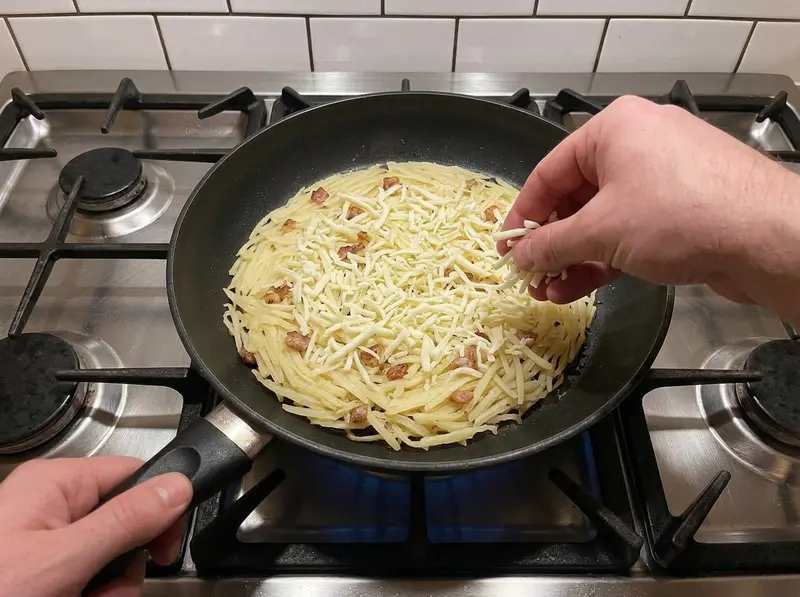 一只手把芝士碎撒在生土豆丝和煎过的猪肉上,平底锅里的日式土豆丝煎饼