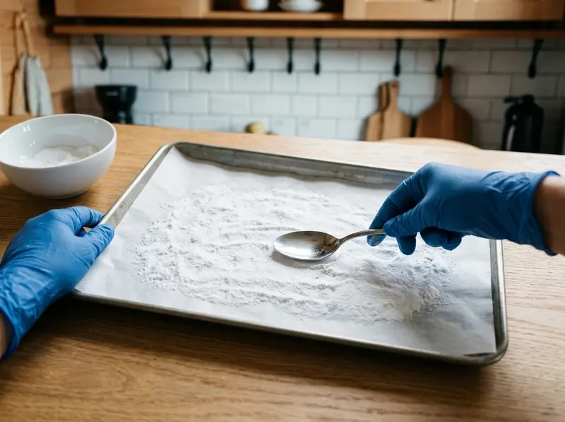 Pretzel baking soda spread evenly on a tray lined with baking paper, a gloved hand levelling it with a spoon