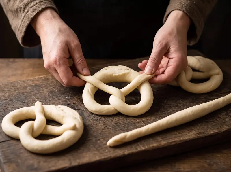 Mains nouant un long boudin de pâte en bretzel classique
