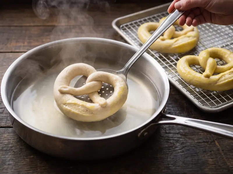 Bretzel cru plongé à l'écumoire dans le bain alcalin de soude chaud