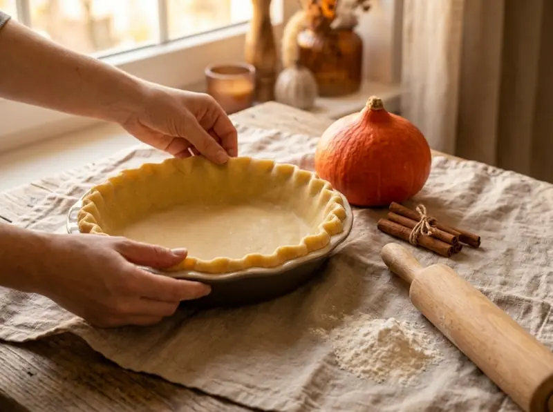 Crimping the edge of butter shortcrust dough into a fluted rim in a ceramic pie dish for pumpkin pie