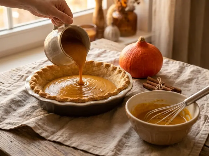 Pouring smooth spiced pumpkin filling from a jug into a blind-baked fluted pie crust