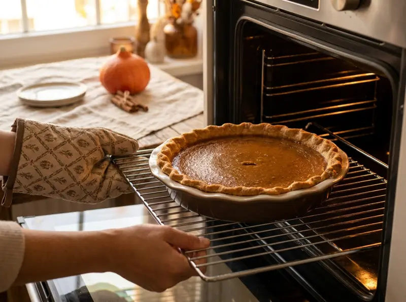 Checking the baked pumpkin pie on the oven rack: the edges are set, only the centre still wobbles