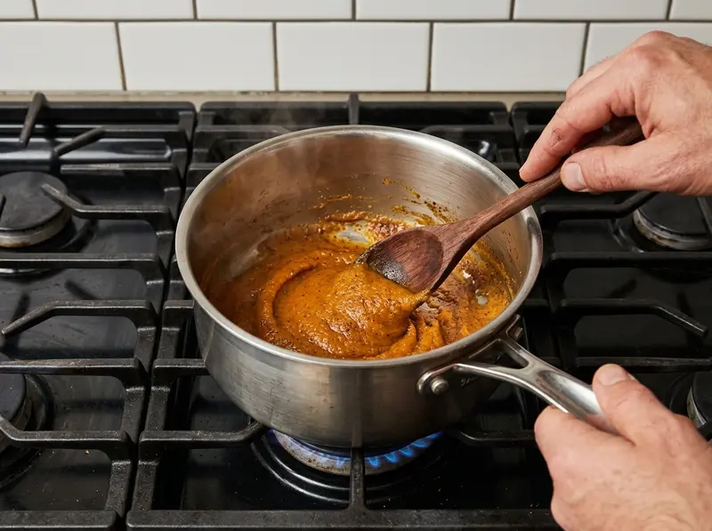 Purea di zucca con spezie macinate mescolata con cucchiaio di legno in un pentolino sul fornello per il pumpkin spice latte