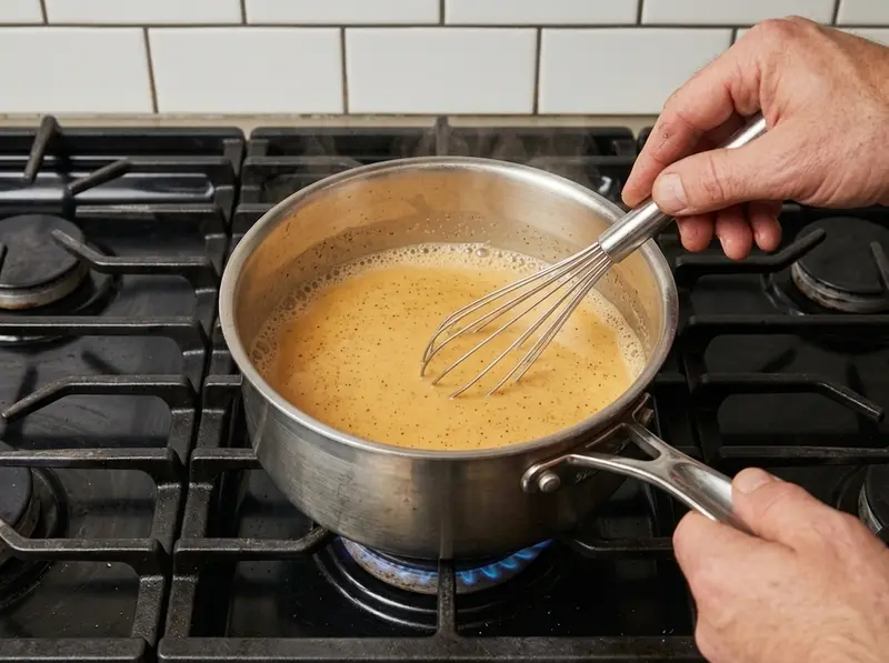 Latte alla zucca arancione chiaro sbattuto con la frusta in un pentolino di acciaio sul fornello per il pumpkin spice latte