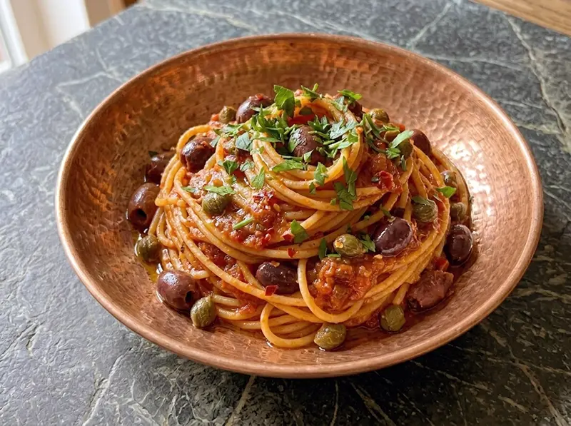 Pasta alla Puttanesca with spaghetti, anchovy fillets and olives — Italy recipe