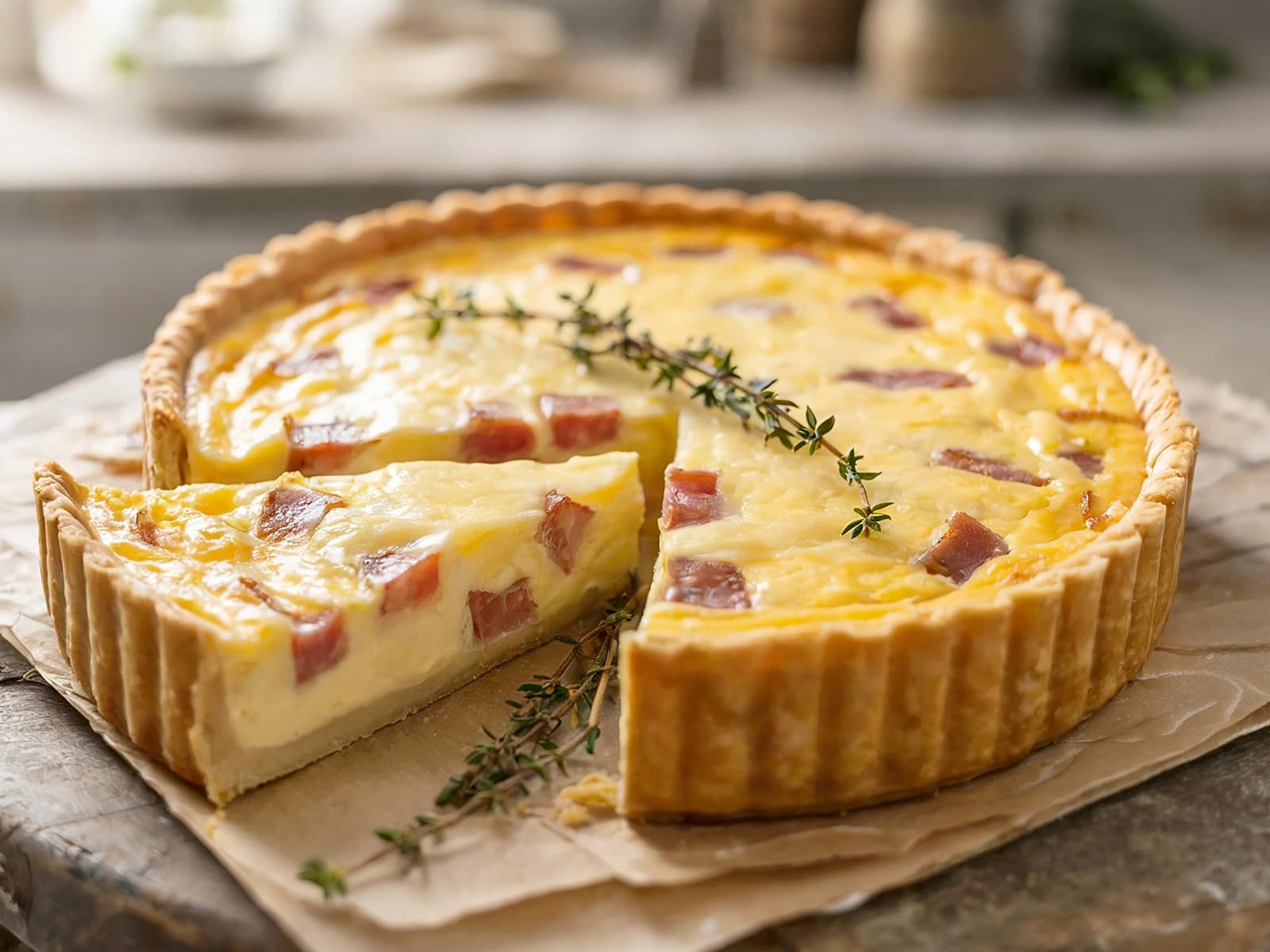 Quiche Lorraine with bacon, bell pepper and butter — France recipe